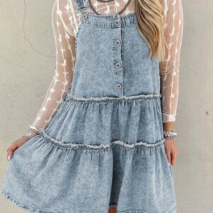 Tiered Flowy Overall Denim Dress free shipping -Oh Em Gee Boutique